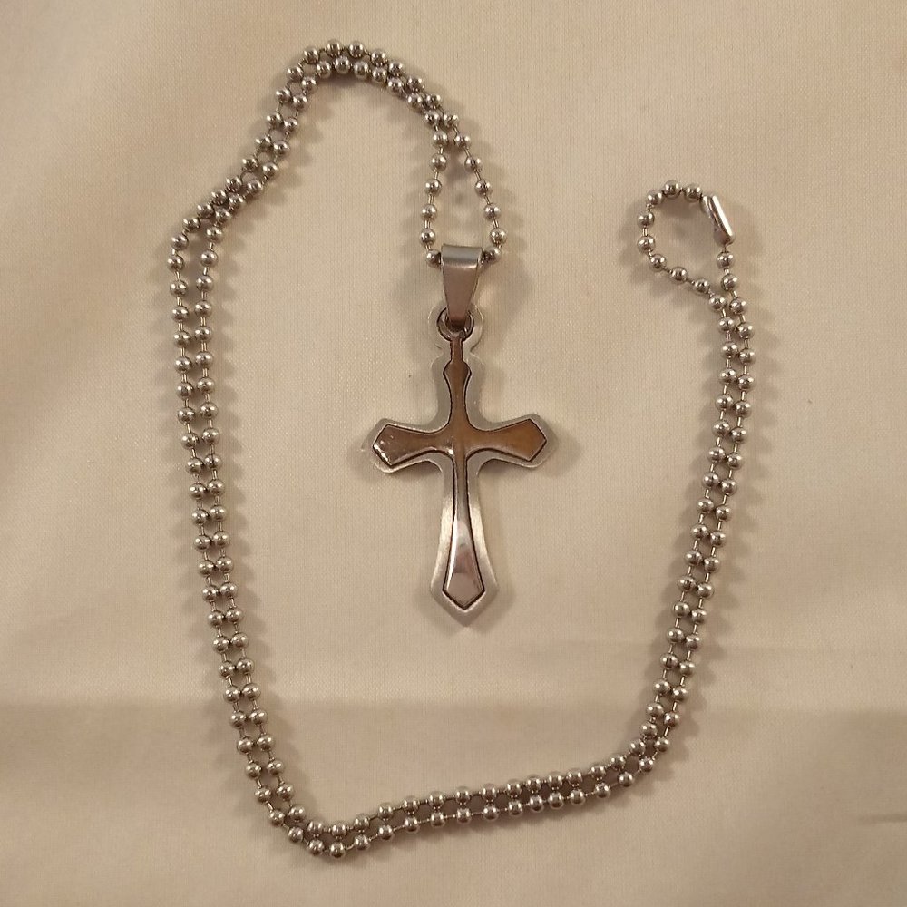 Mens Stainless Steel Cross Cut Fit Pendant Bead Chain Necklace 23" Gorgeous Gift - Picture 3 of 4